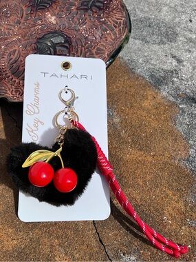 NWT Black Fluffy Heart With Cherries & Rope Keychain/Purse Charm